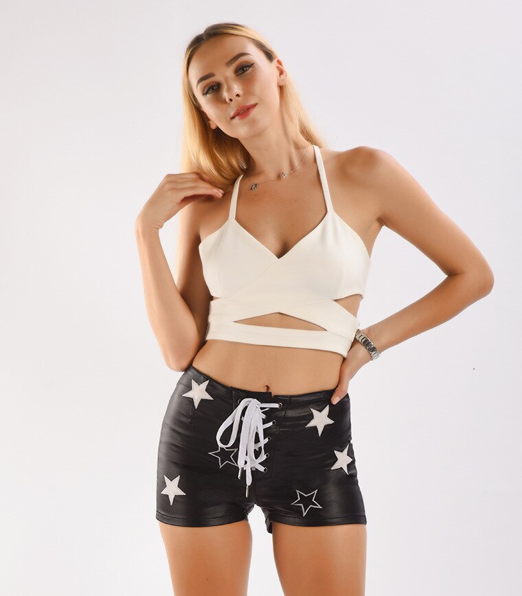 Lace-Up PU Leather Shorts With Stars