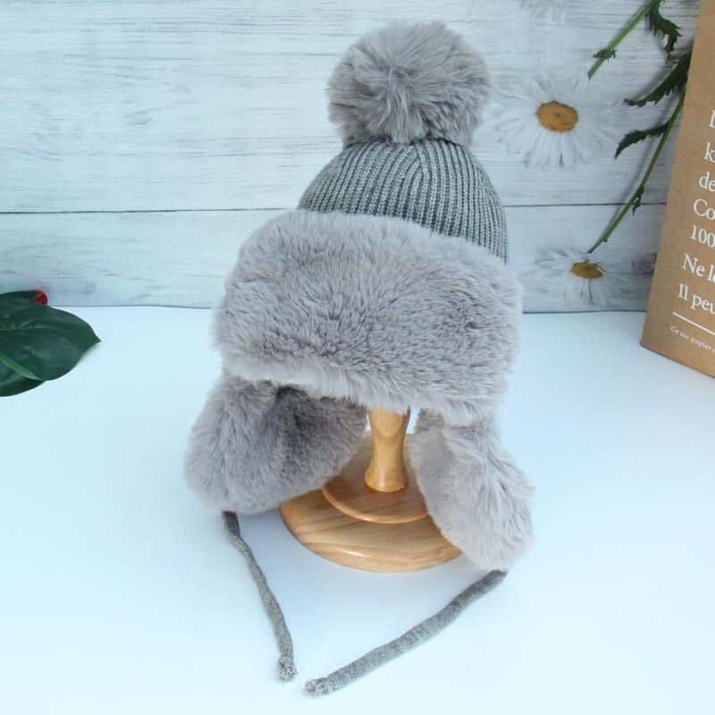 Warm Beanie Hat With Faux-Fur Ear-Muffs & Pom-Pom