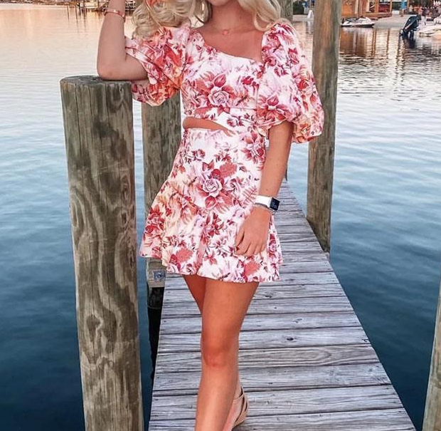 Floral Hollow-Out Dress With Short Puff Sleeves