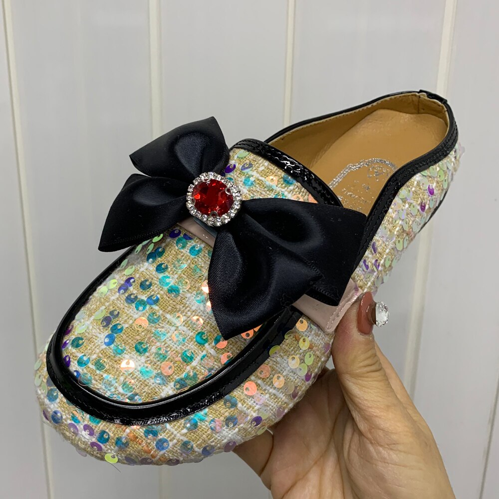Slip-On Loafers With Rhinestone & Bow
