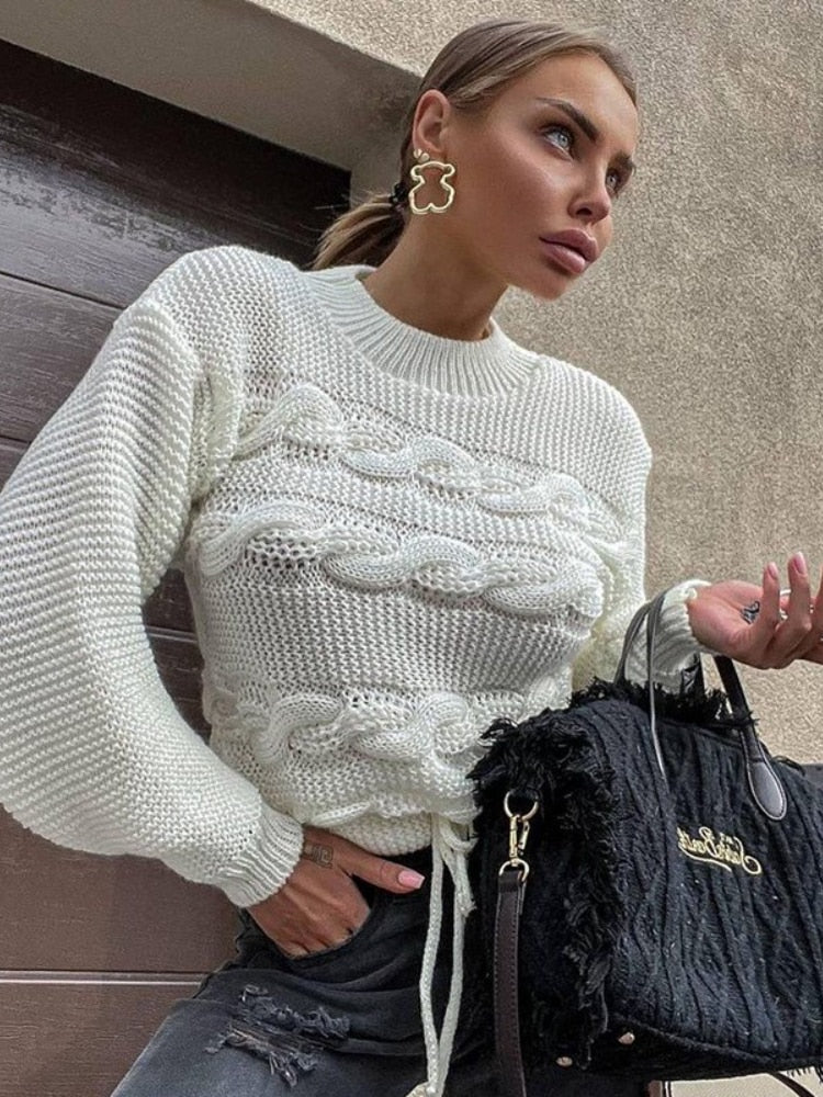 Lace-Up Hem Cable Knit Sweater