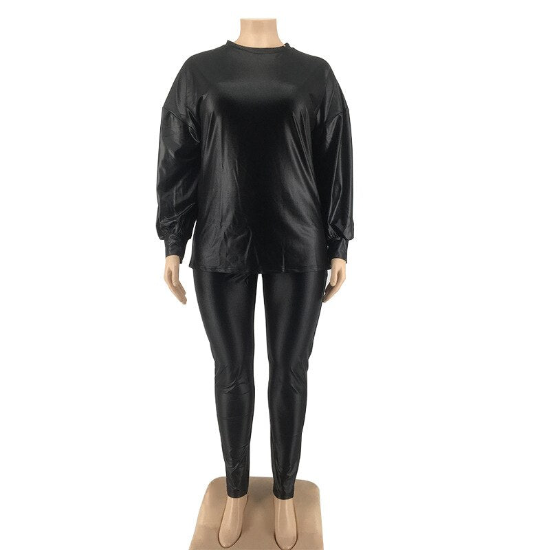 XL-5XL PU Leather Long-Sleeve Top & Pants Set