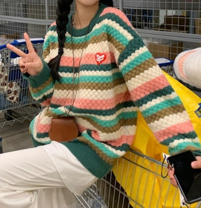 Rainbow Stripe Weaved Knitted Sweater