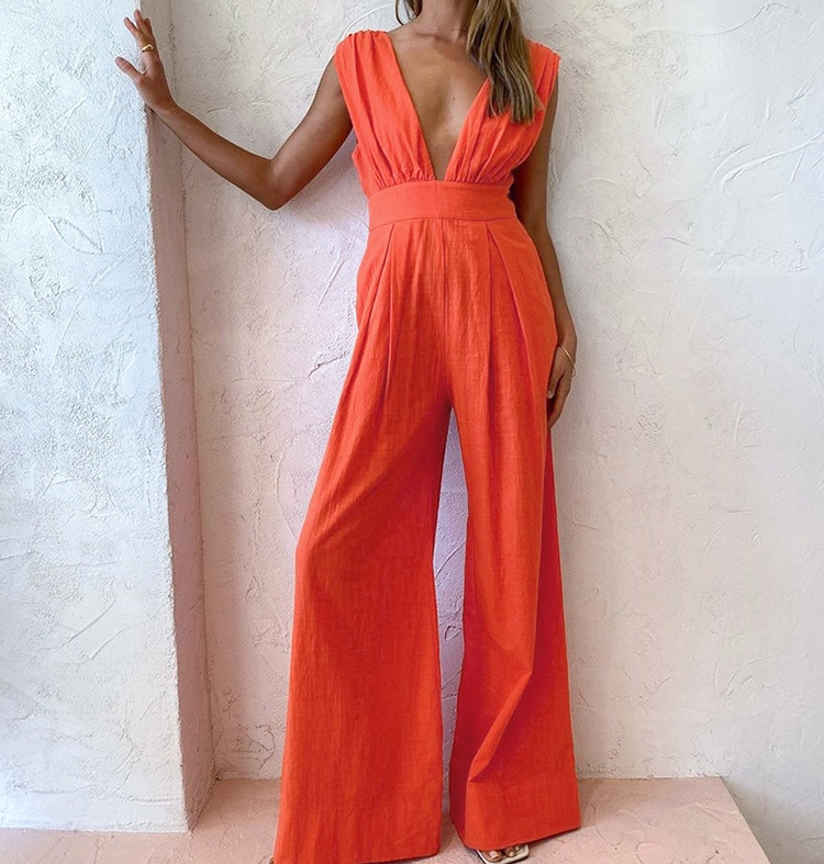 Deep-V Jumpsuit With Open Bow-Knot Back