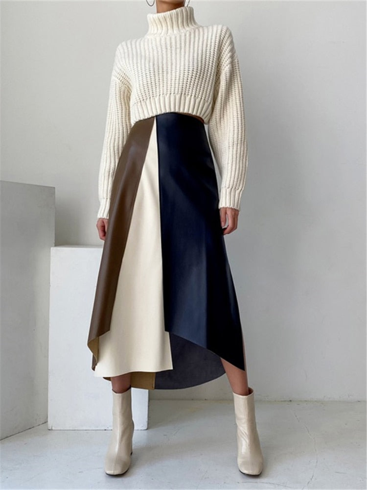 Irregular Colour-block PU Leather Skirt