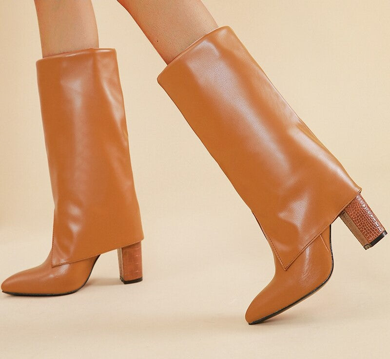 Folded Tan Boots With Pointed Toe