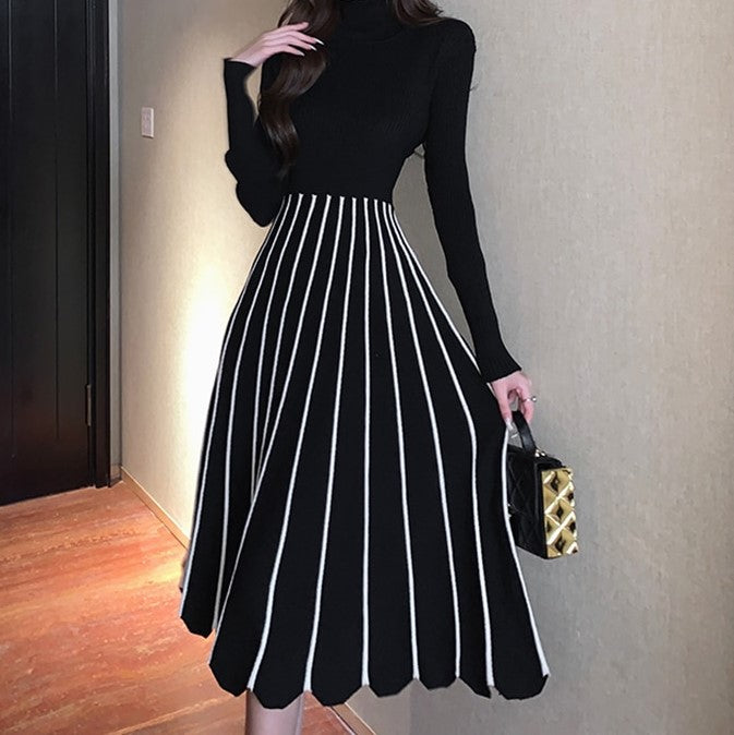 High-Neck Knitted Dress With Flared Pleated Skirt