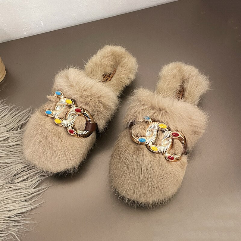 4.5-9 Fluffy Slippers With Colourful Rhinestone Chain.