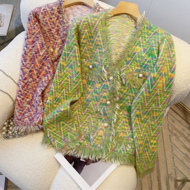 Colourful Knitted Tassel Cardigan With Pearl-Buttons