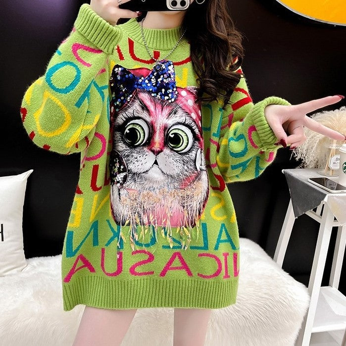 Cute Colourful Cat Sweater With Sequin Bow