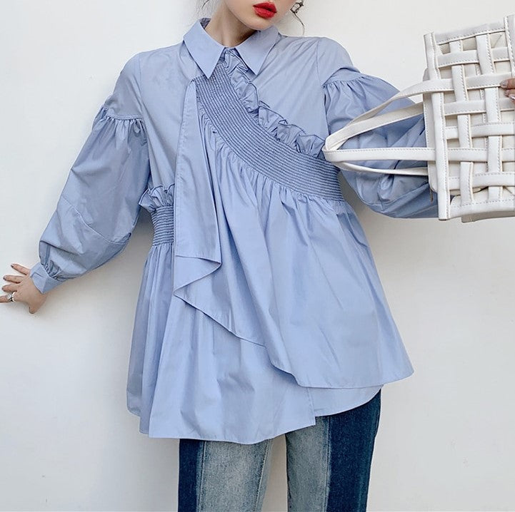 Irregular Blouse With Front And Back Pleated Ruffles