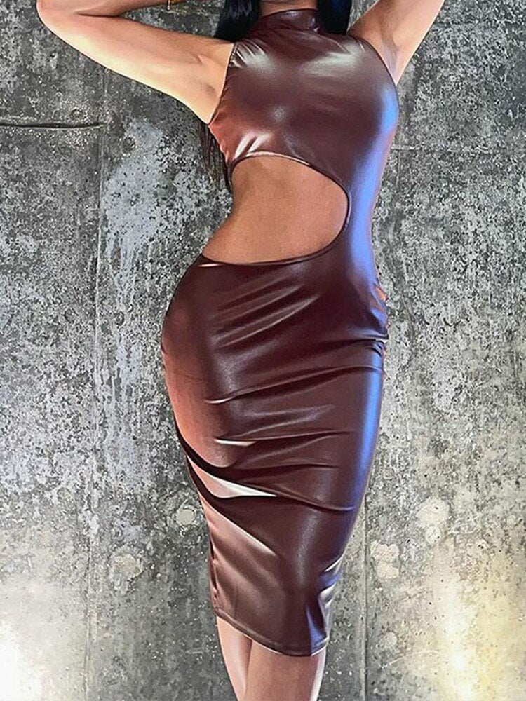 Midi PU Leather Dress With Hollow-Out Side