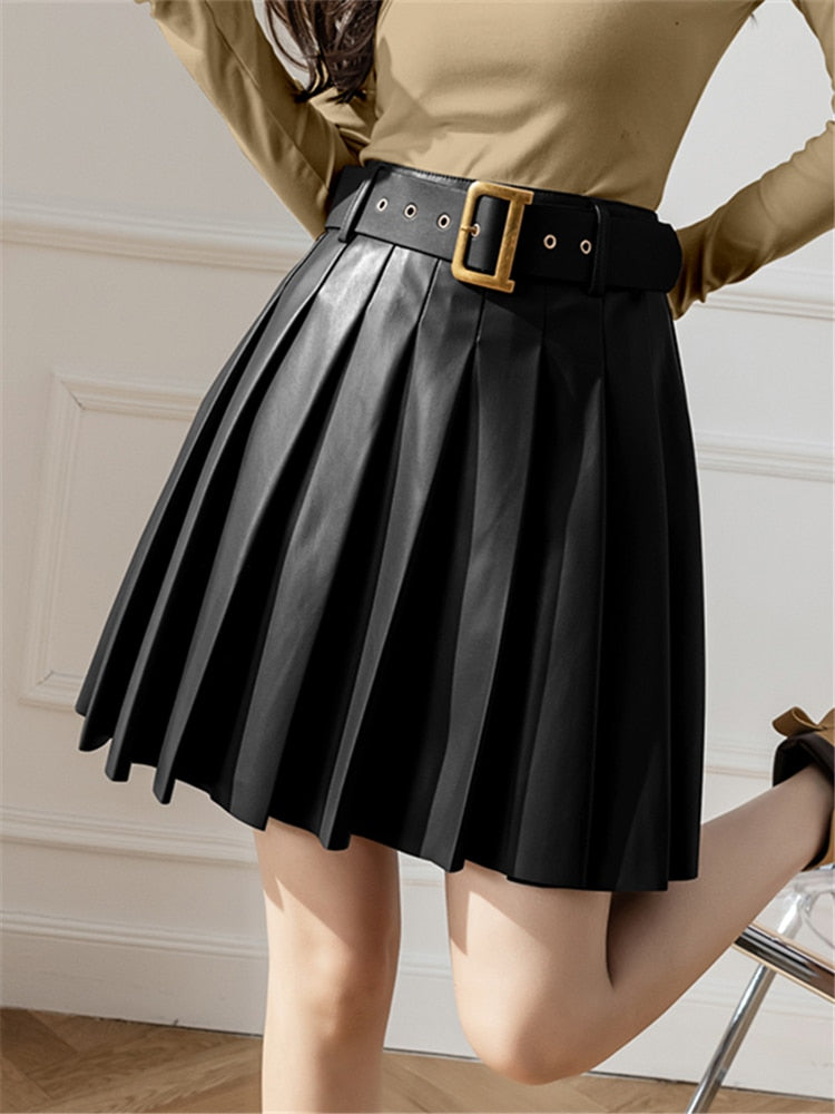 Pleated PU Leather Skirt