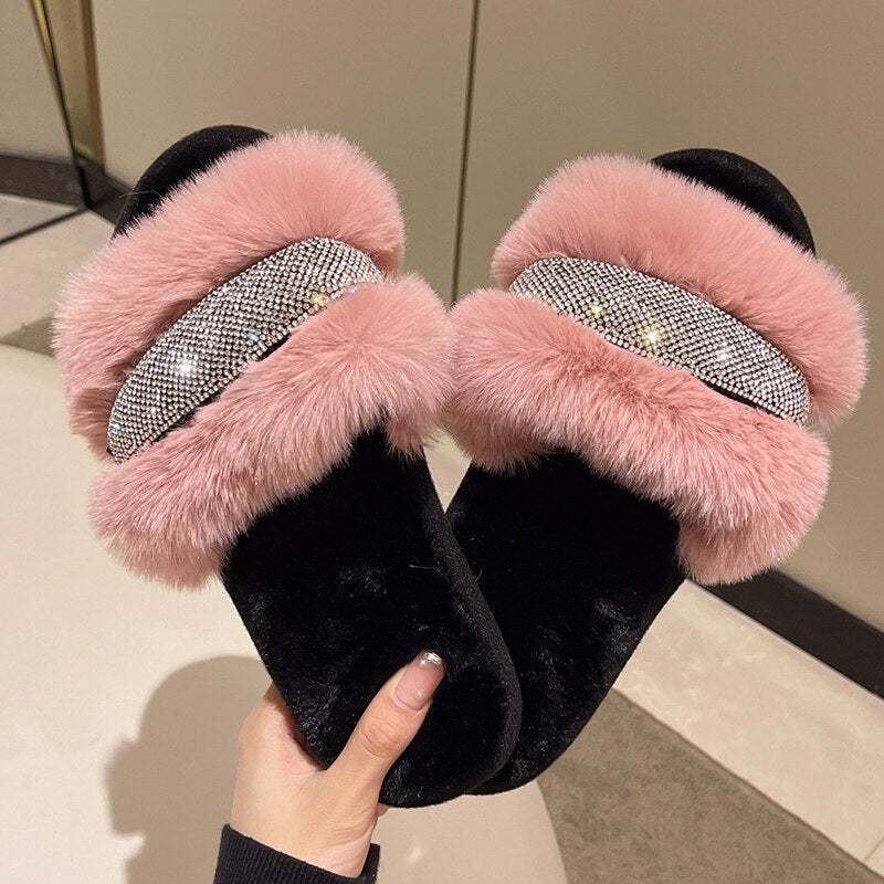 Size 6-10 Fluffy Rhinestone Slippers