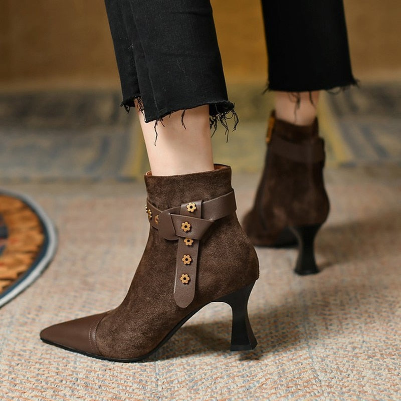 Flock Ankle Boots With Metal Daisy Decor