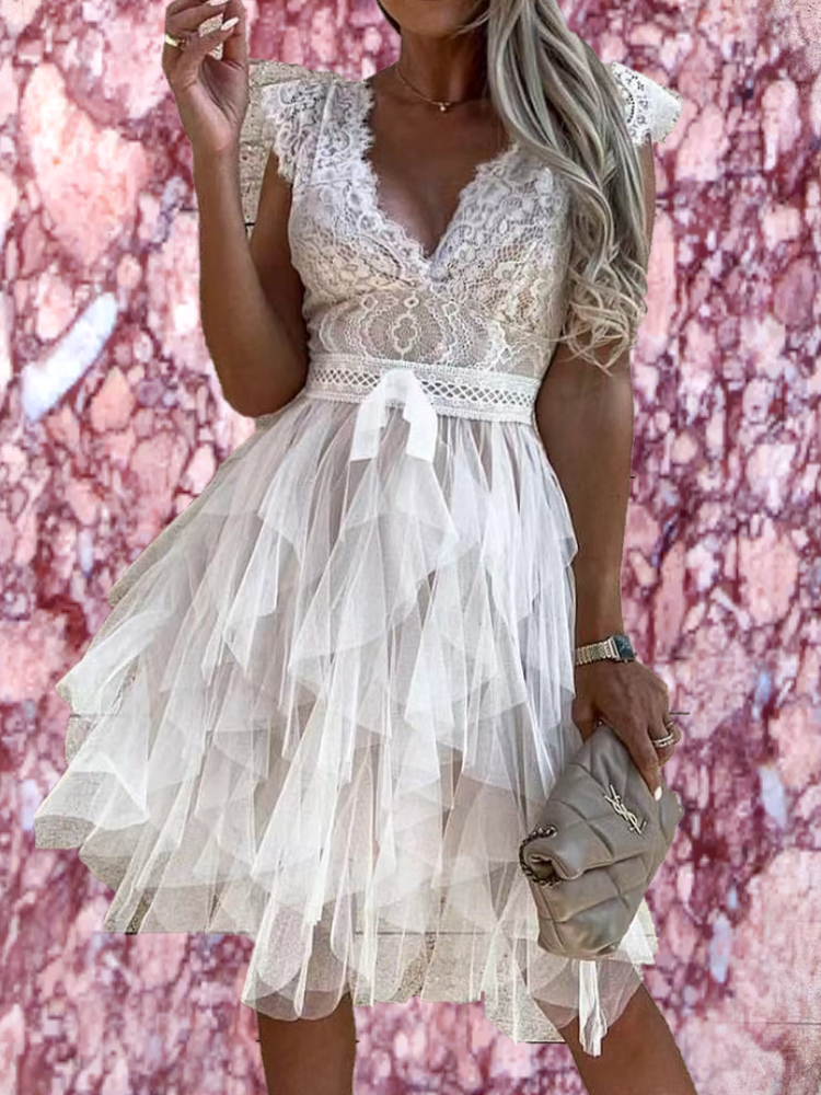 Double V-Neck Lace Tiered Tulle Dress