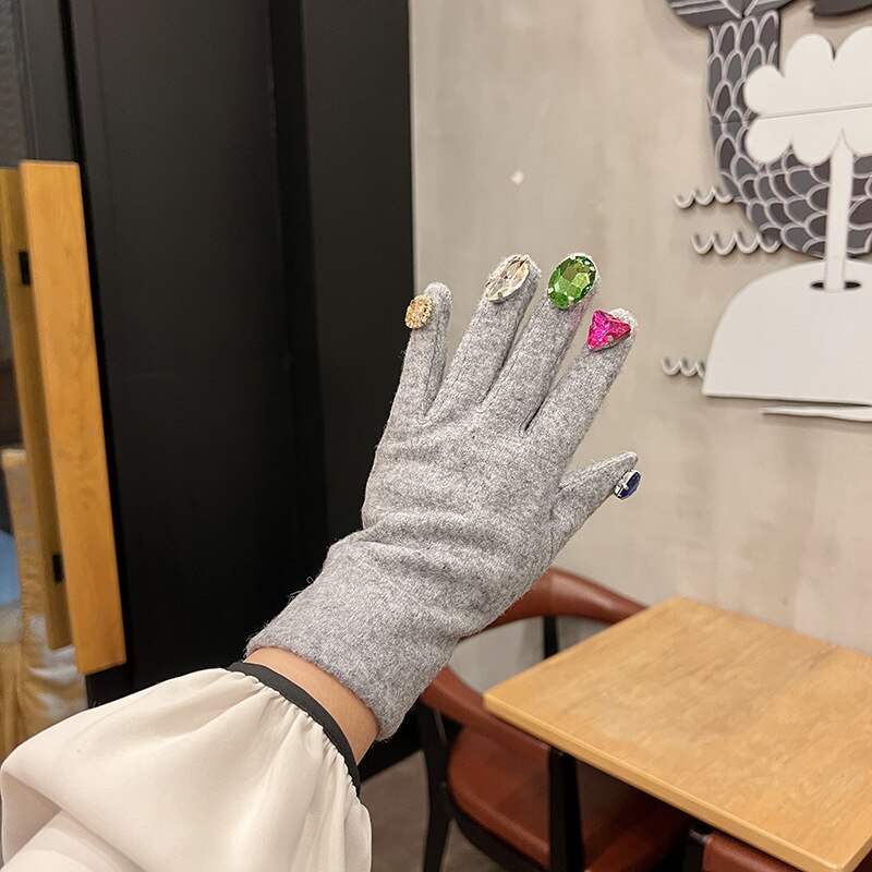Cashmere Gloves With Mixed Rhinestone Fingers