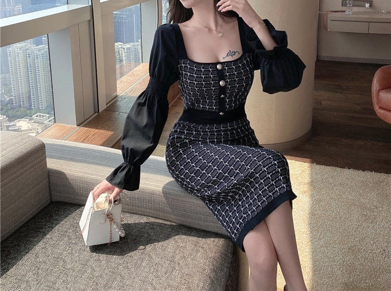 Square-Collar Puff-Sleeve Button Dress