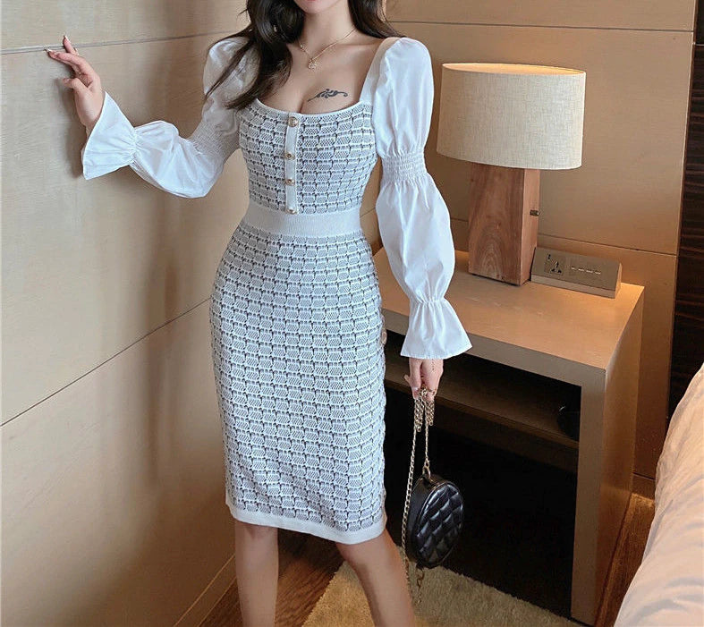 Square-Collar Puff-Sleeve Button Dress