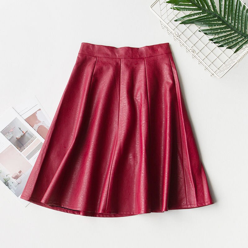 Knee-Length PU Leather Swing Skirt