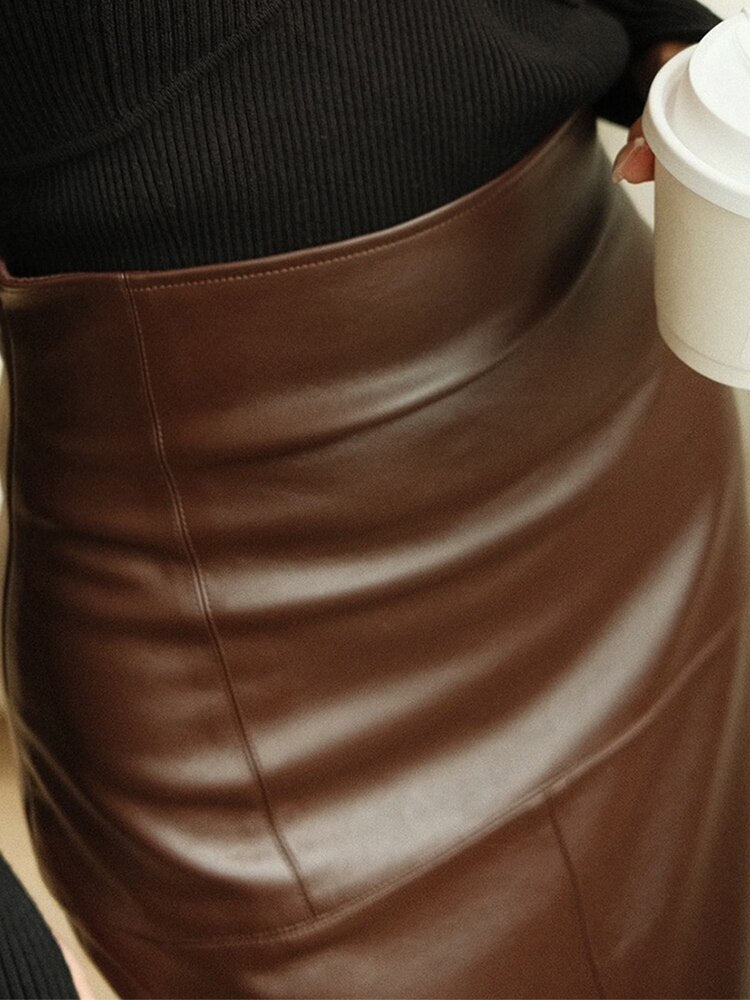 Soft Brown PU Leather Maxi Skirt