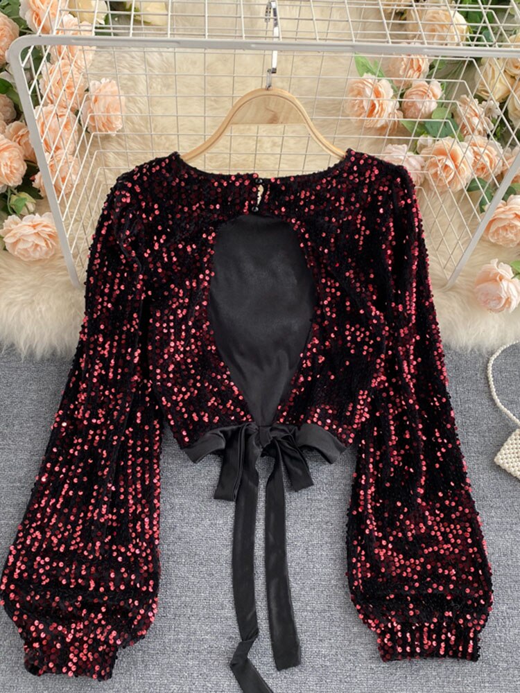 Sequin Blouse With Tie-Waist & Open Back