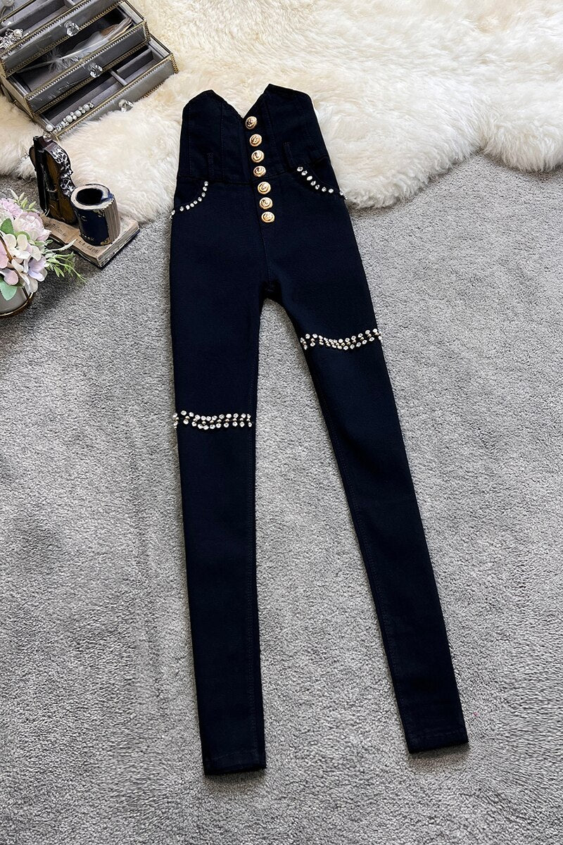 Heavy Rhinestone Leggings With Gold Buttons