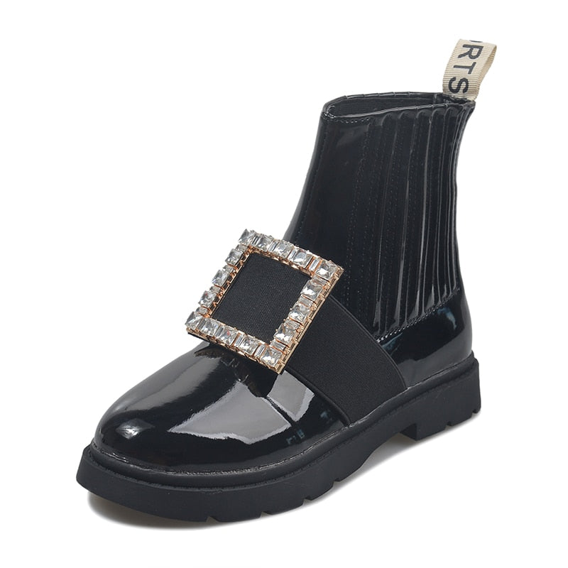 Patent PU Leather Ankle Boots With Crystal Buckle