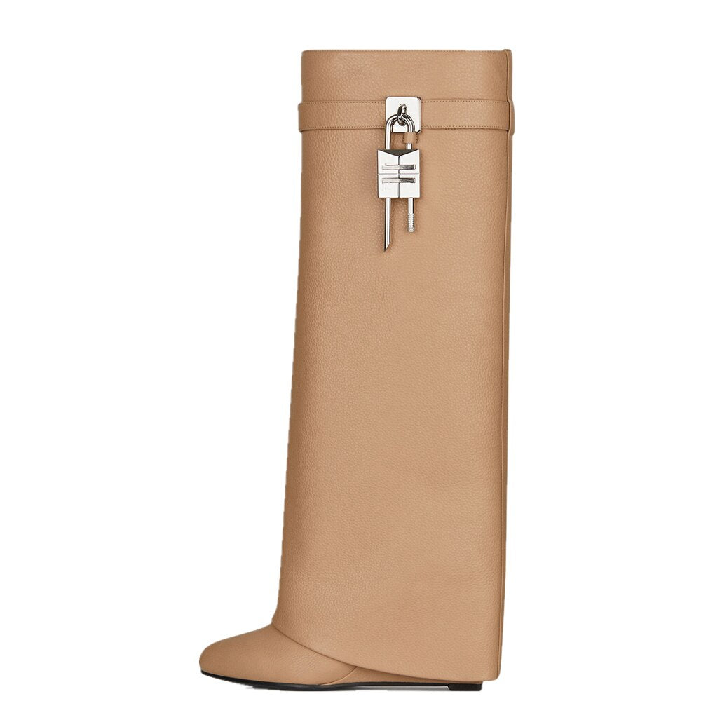 Knee-High Folded Boots With Lock