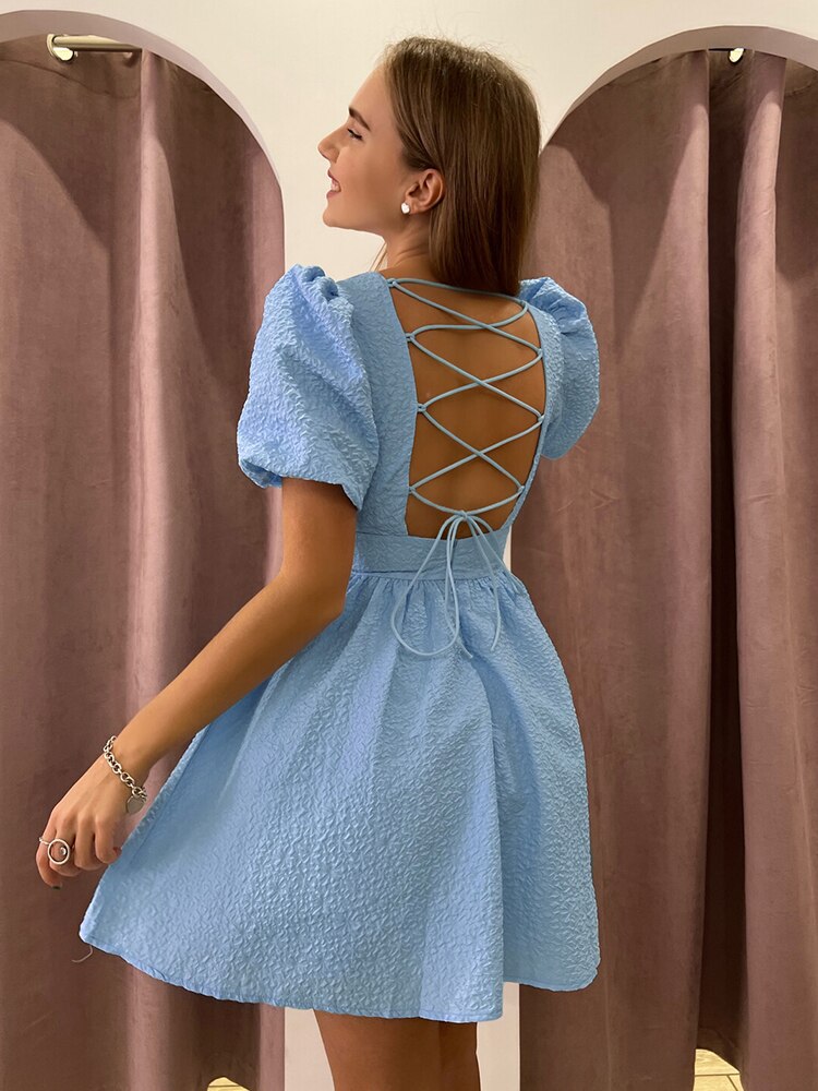 Chic Backless Dress With Short Puff-Sleeves