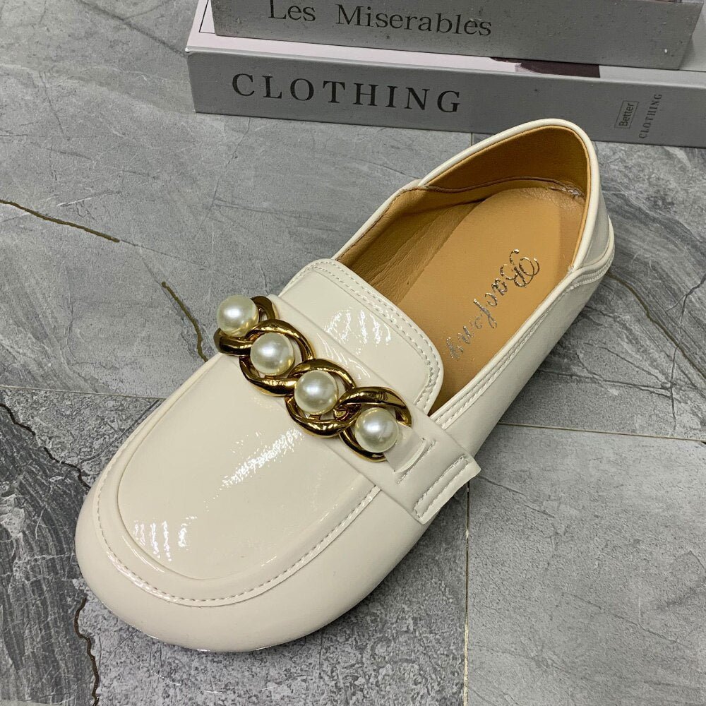 Soft Patent Loafers With Pearl Chain