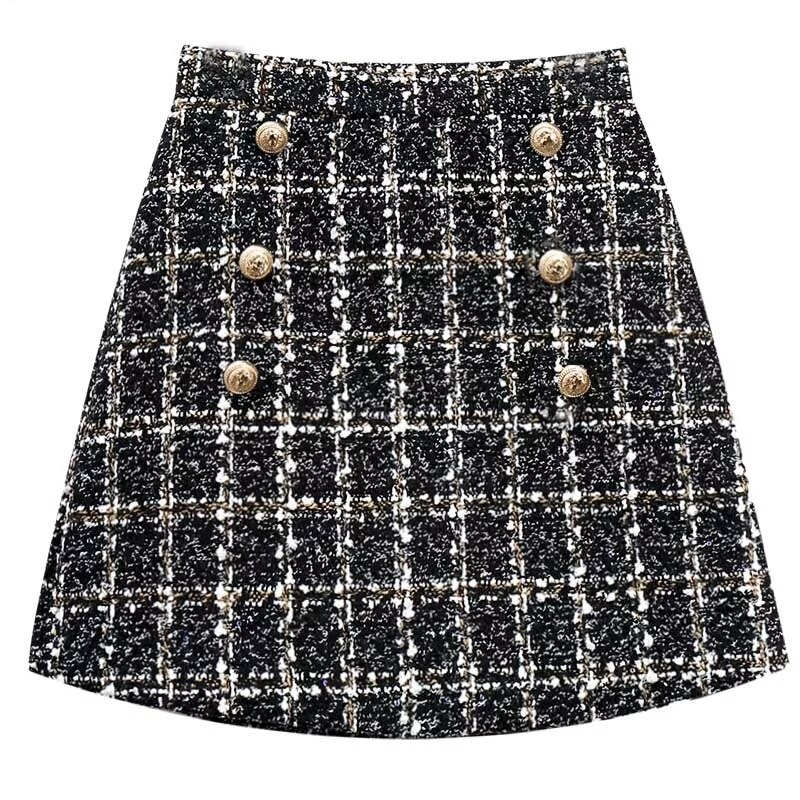 Chic Plaid Tweed Skirt With Six Buttons