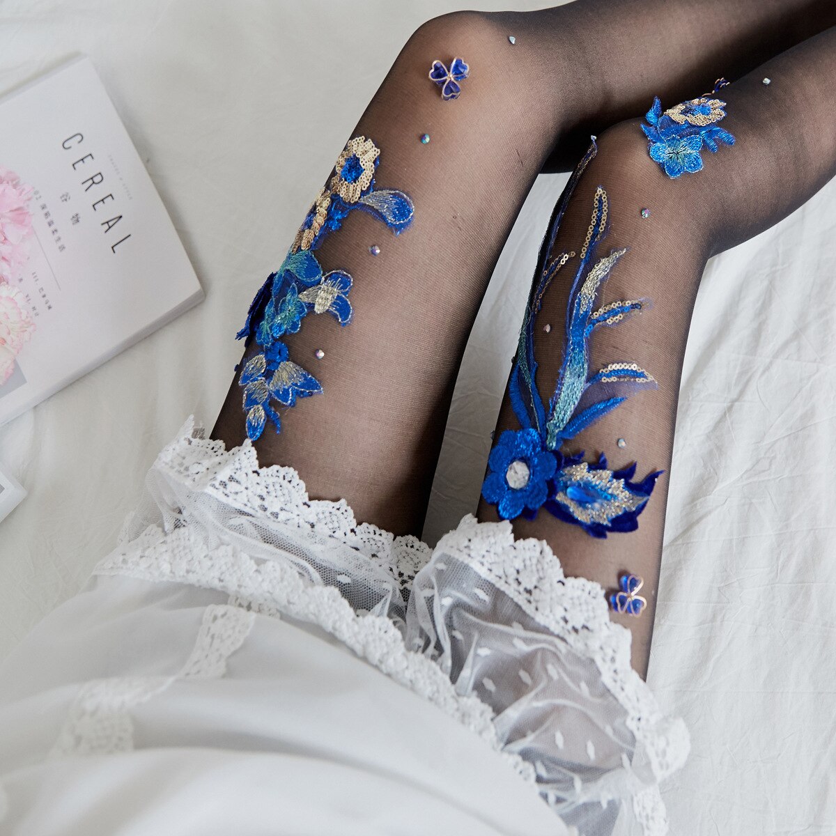 Handmade Embroidered Flower Tights