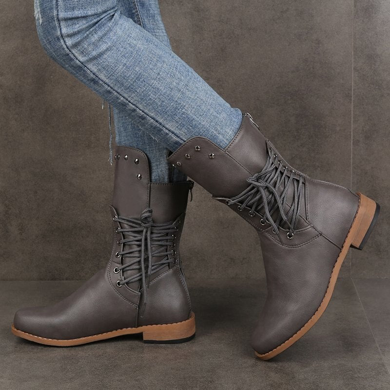 Rivet Mid-Calf Boots With Two Lace-Up Sides