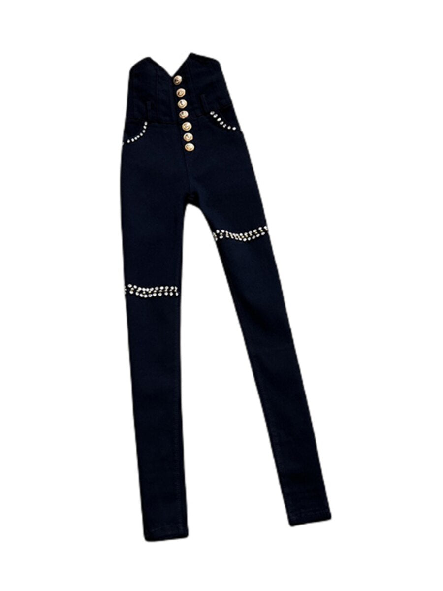 Heavy Rhinestone Leggings With Gold Buttons