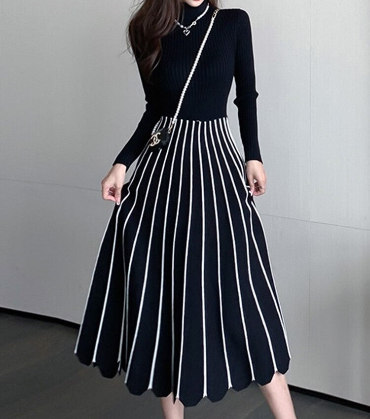 High-Neck Knitted Dress With Flared Pleated Skirt