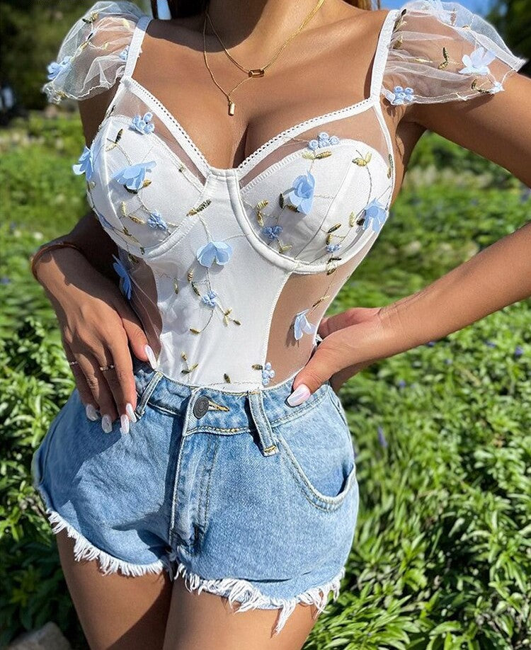Embroidery Lace Bodysuit With 3D Flowers