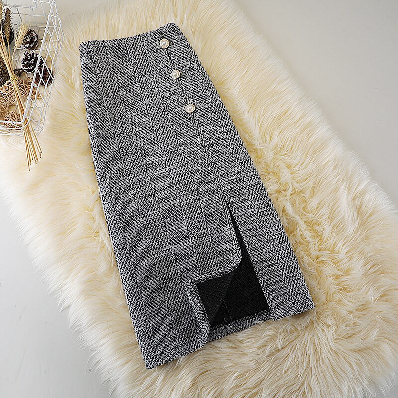 Midi Woollen Skirt With Side Buttons & Split