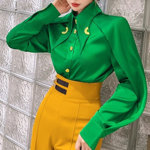 Satin Blouse With Pointed Collar & Gold Buttons