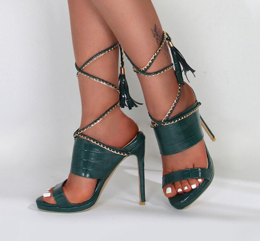 Snake-Print Lace-Up-Chain Heels