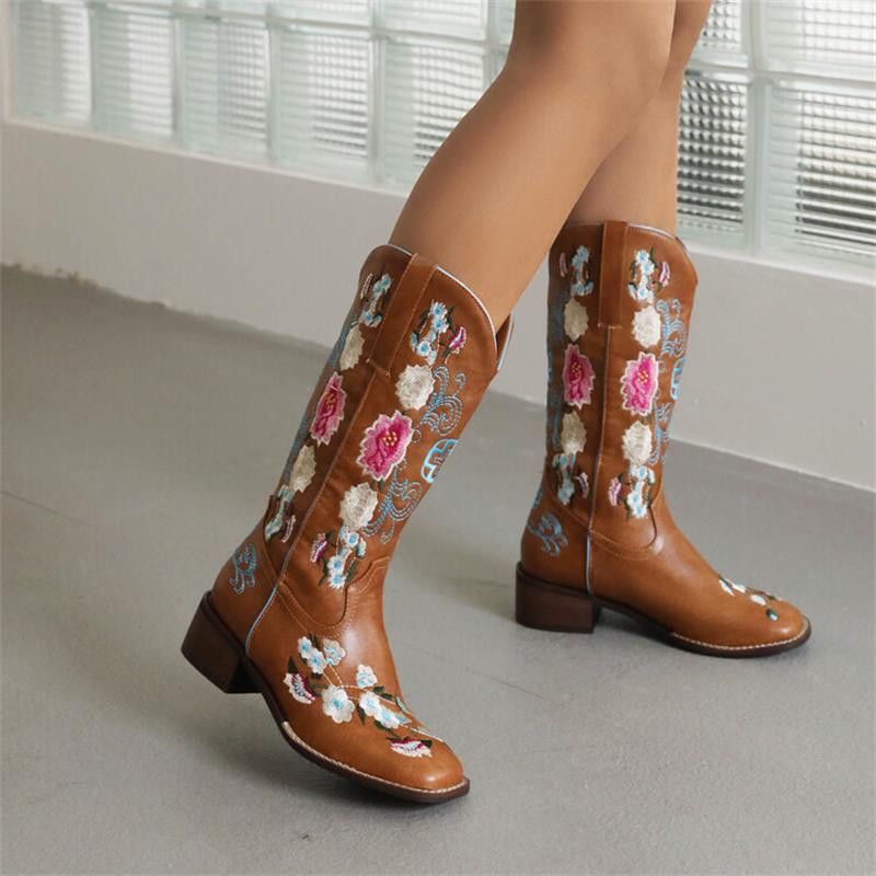 Brown Flower Embroidery Cowboy Boots