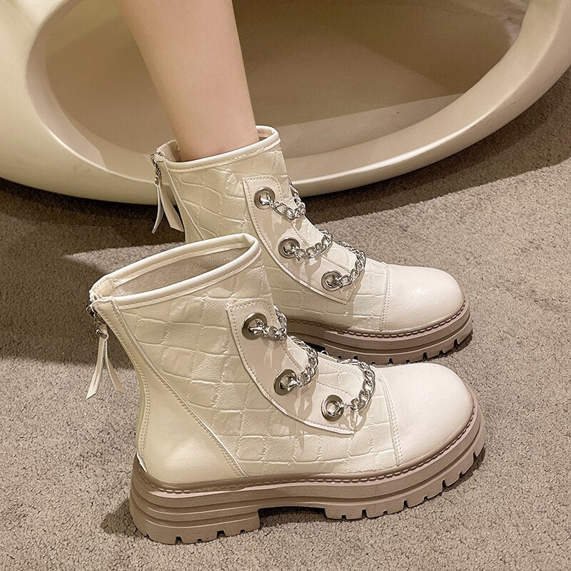 Chunky PU Leather Ankle Boots With 3-Chains