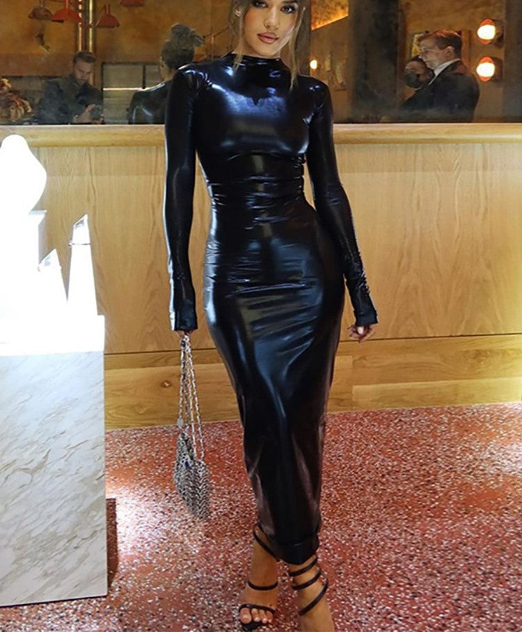 Black Turtleneck PU Leather Bodycon Dress