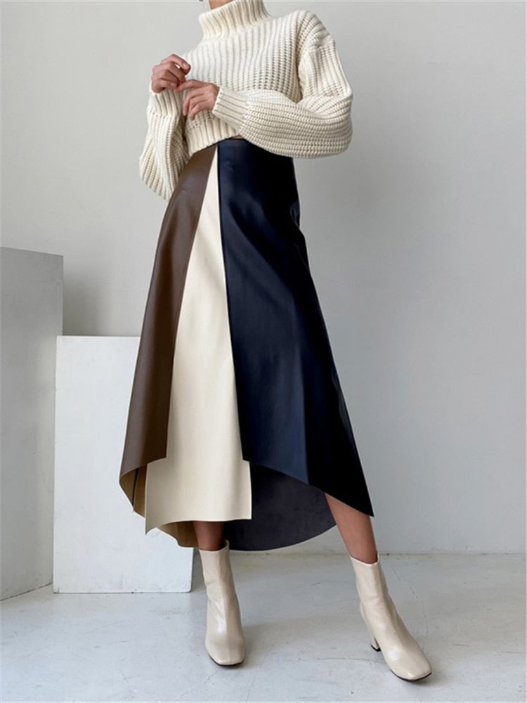 Irregular Colour-block PU Leather Skirt