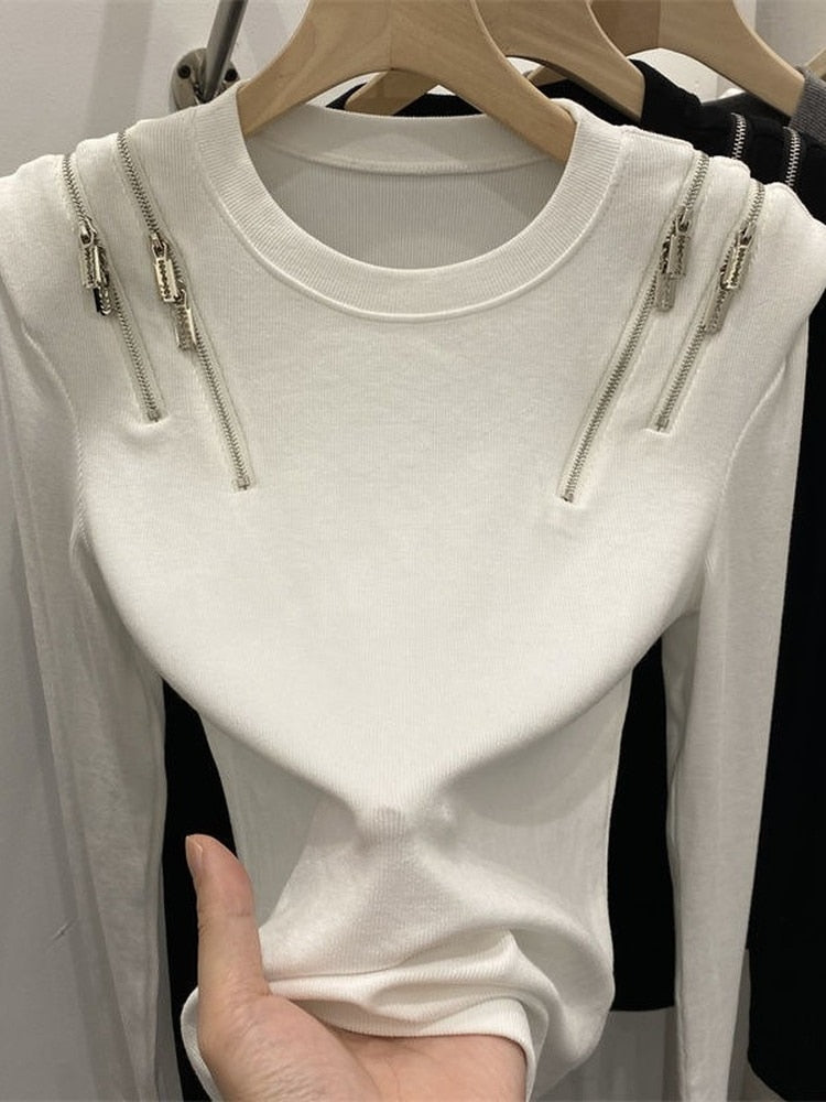 Ribbed Long-Sleeve Top With Zip Shoulders