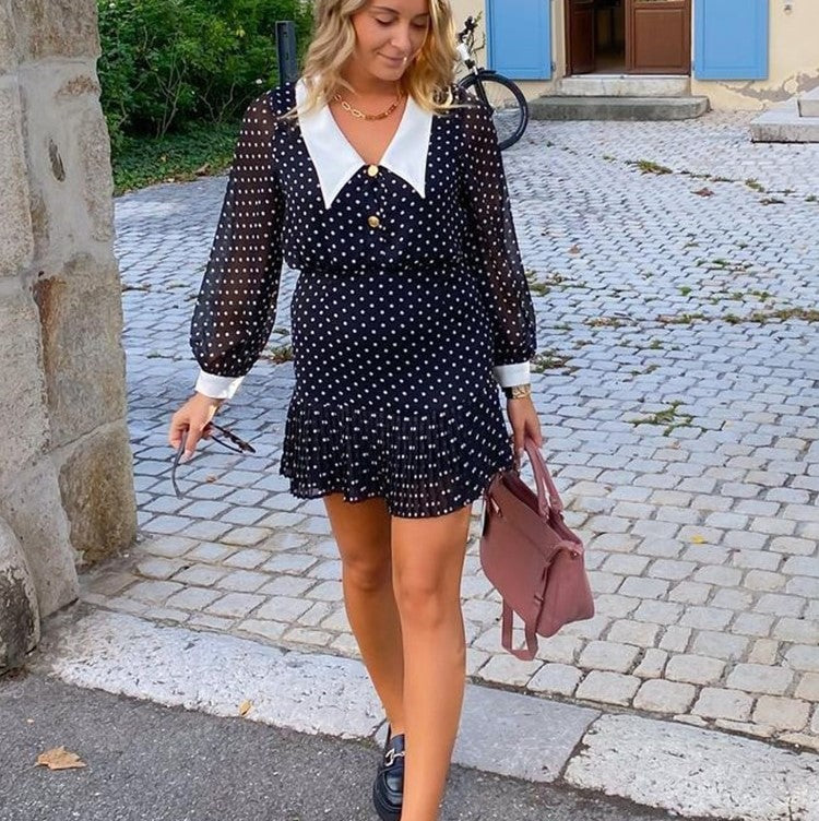 Polka-Dot Dress With Pleated Hem & Gold Buttons