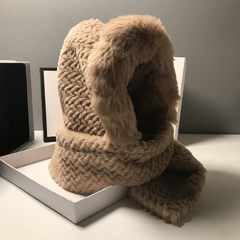 Warm Faux-Fur Hat With Attached Scarf