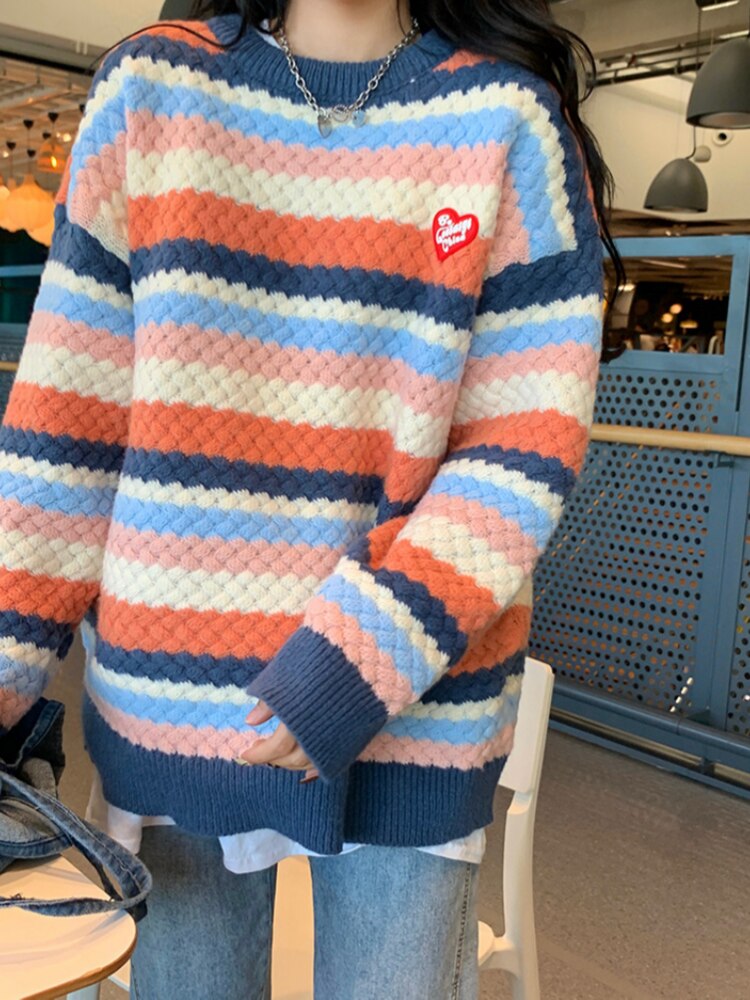 Rainbow Stripe Weaved Knitted Sweater