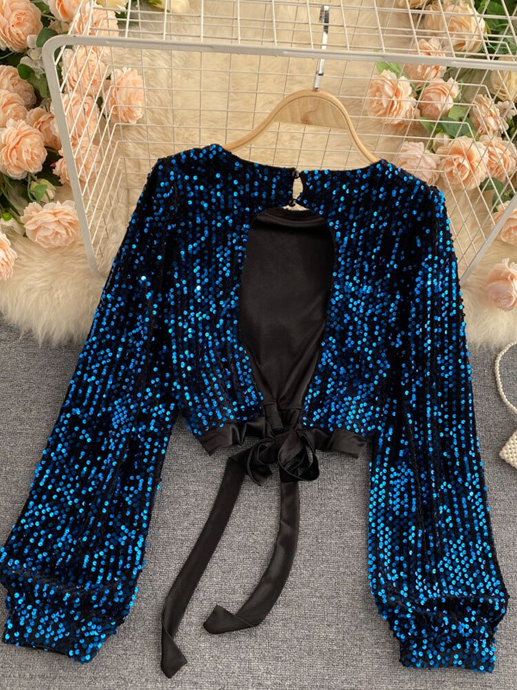 Sequin Blouse With Tie-Waist & Open Back