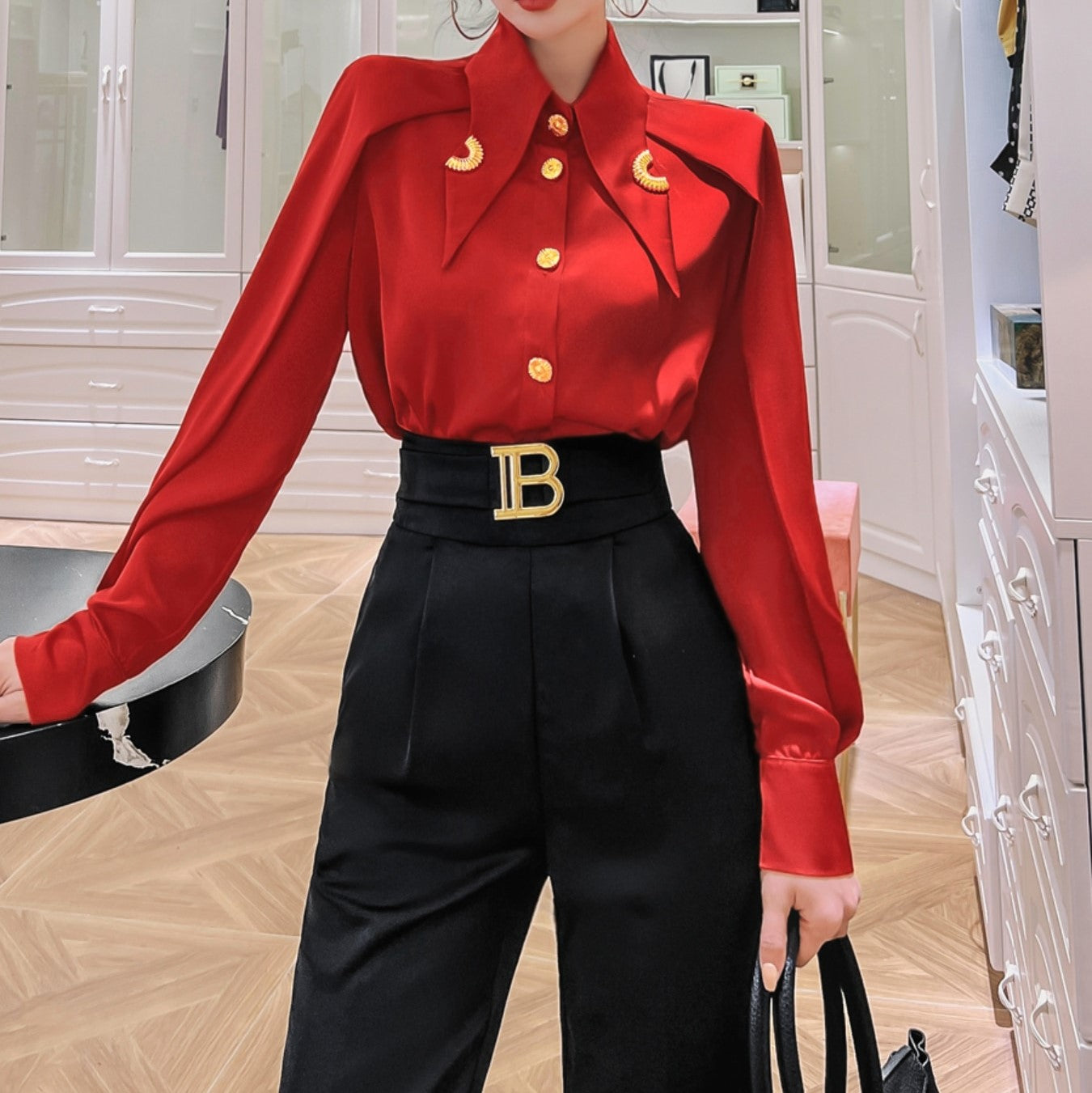 Satin Blouse With Pointed Collar & Gold Buttons